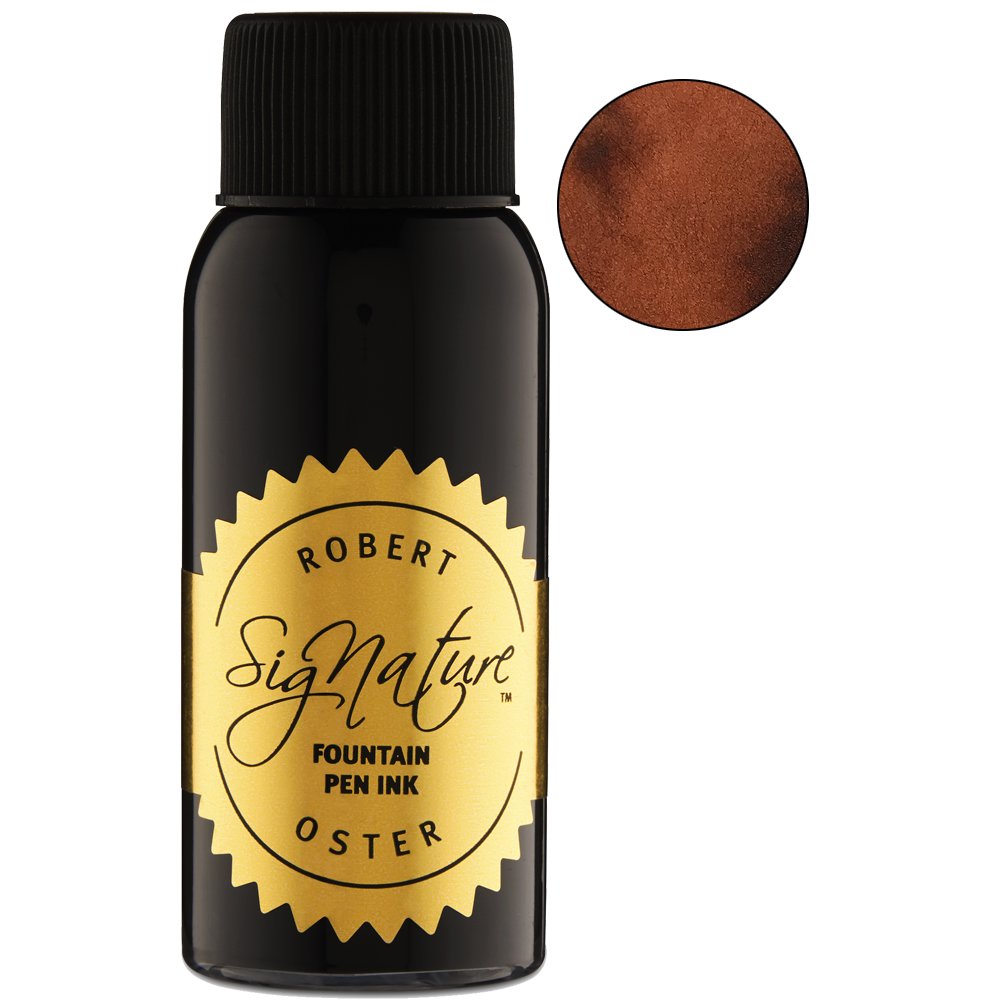 Robert Oster Signature Toffee ink, 50ml bottle with black ribbed cap and gold label, showcases a warm coppery-brown hue, inspired by South Australia's palette.