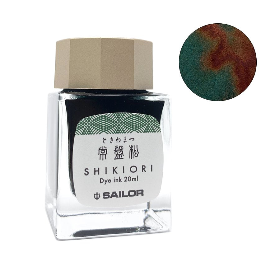 Shikiori Tokiwa-Matsu - 20ml glass bottle of deep green fountain-pen dye ink, includes a swatch displaying its red-bronze sheen on paper.