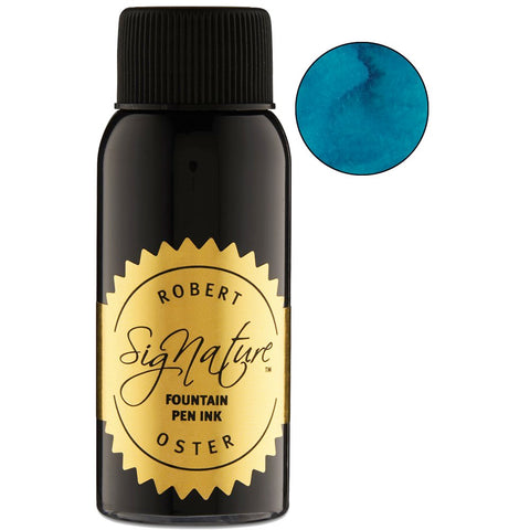 Robert Oster Torquay 50ml ink bottle, featuring a black ribbed cap and gold-foil label, shown with a bright turquoise circular swatch.