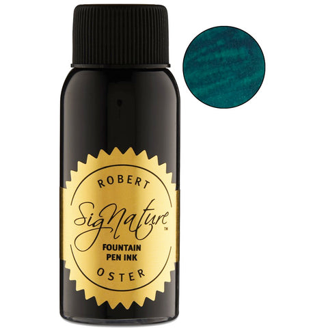 Robert Oster Signature Ink, Tranquility - 50ml bottle, features a gold-foil label and black cap, with a swatch showing its deep teal hue.