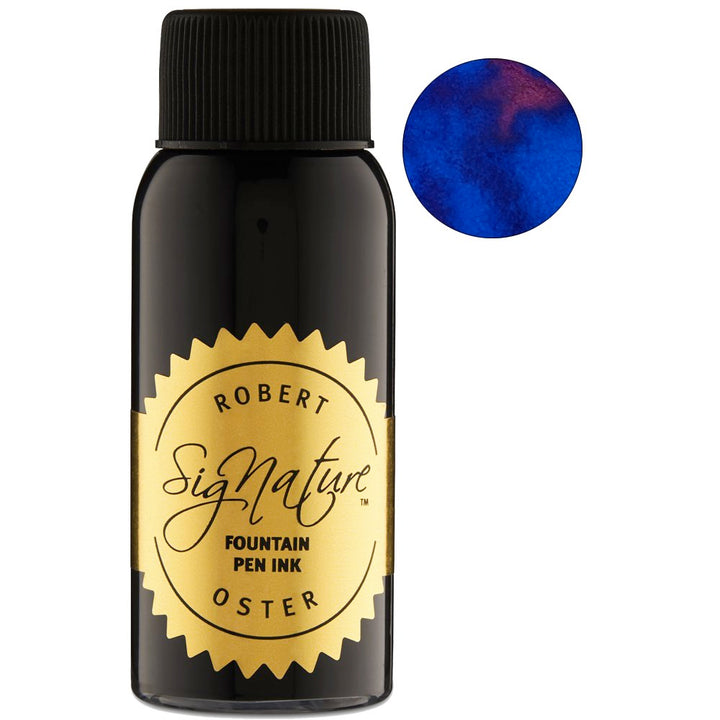 Bottle of Robert Oster Signature “True Blue” fountain-pen ink, 50ml, with gold-foil label, shown next to a deep blue color swatch with red sheen.