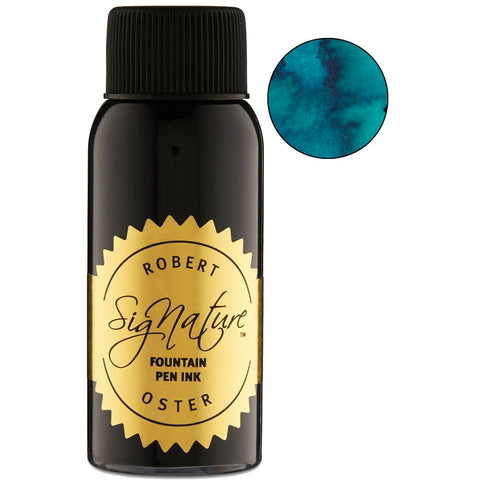 Robert Oster Signature Turquoise fountain-pen ink, 50ml bottle with black cap and gold label, shown with a circular swatch of its vibrant color.