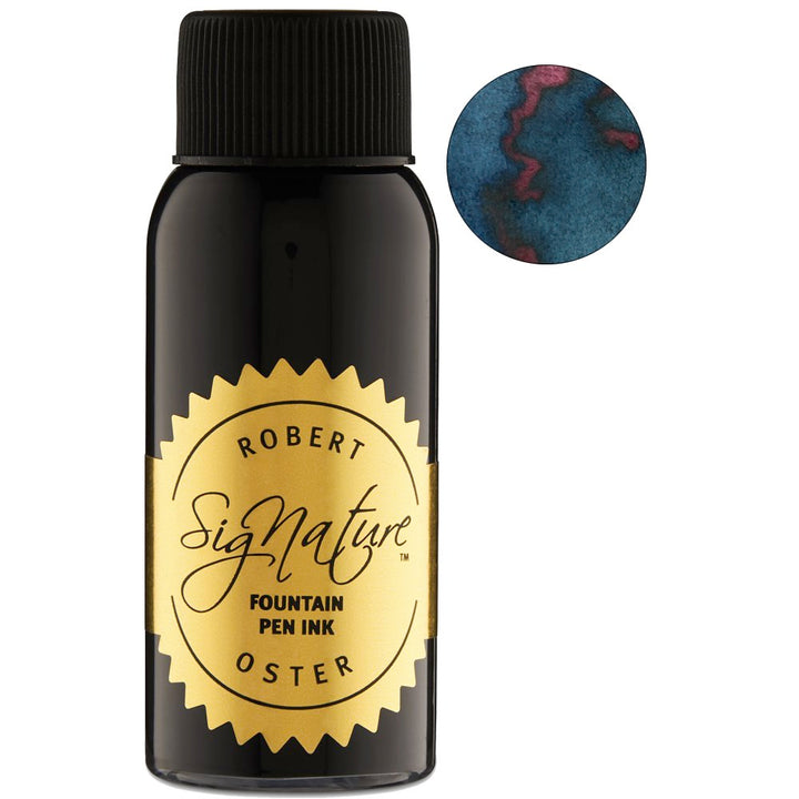 Robert Oster Signature Velvet Storm ink, 50ml bottle with gold label, displayed with a teal-blue ink swatch featuring a red sheen.
