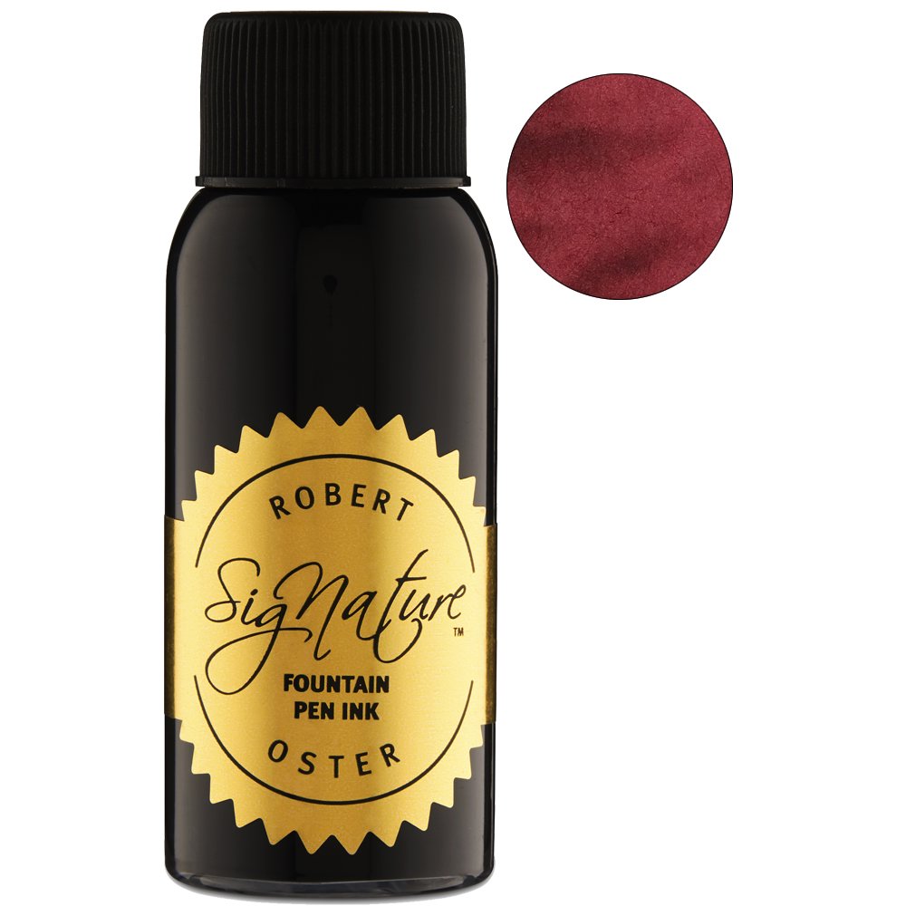 Robert Oster Signature Whisper Red fountain-pen ink, 50ml. Tall black bottle with gold label, ribbed cap, and burgundy-red ink swatch displayed.
