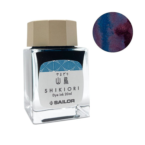 Shikiori Yamadori - 20ml Sailor ink bottle with inset showing ink shading and sheen characteristics, part of the Four Seasons Series, inspired by seasonal changes.