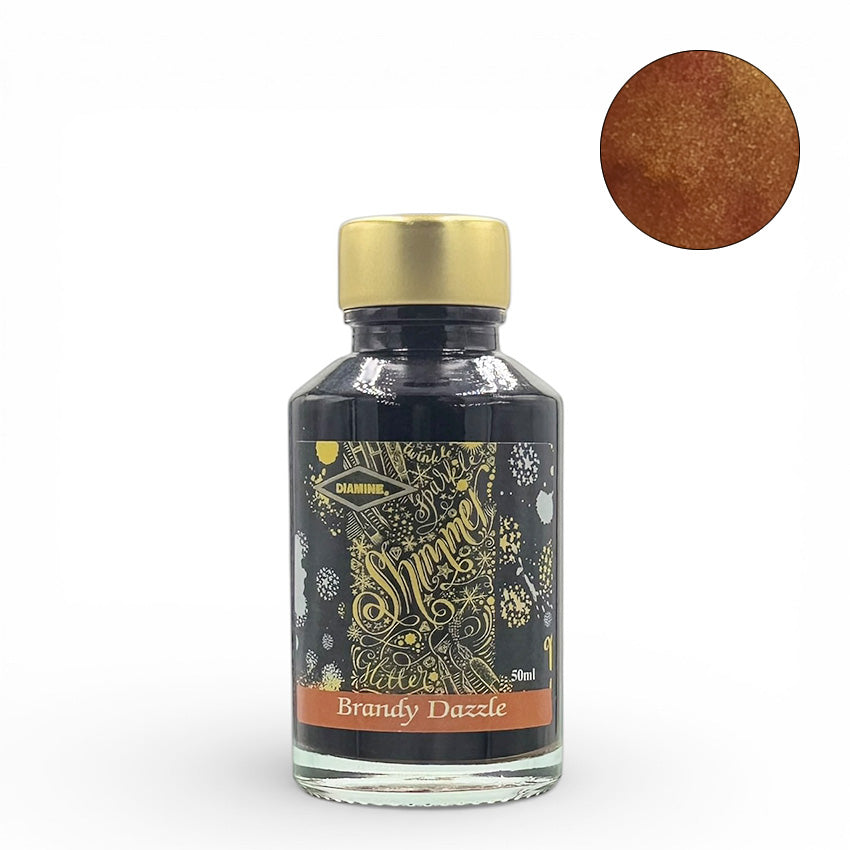 Diamine Brandy Dazzle Shimmer - 50ml fountain pen ink with gold shimmer, showcasing the warm brown-amber hue. Ideal for vintage pens and enthusiasts.