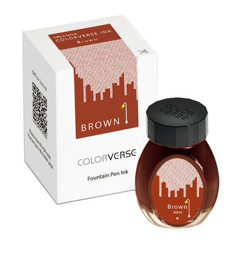 Colorverse “Office Series” Brown - 30ml fountain-pen ink bottle and box with skyline graphic, designed for professional use.