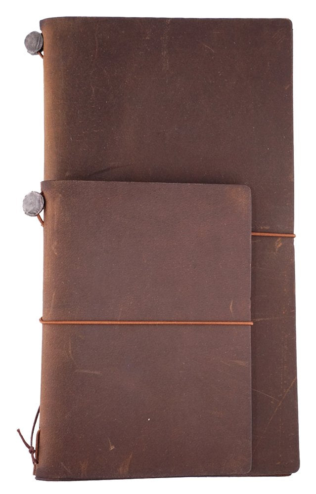 Two stacked Passport Leather Covers (Brown) with elastic-band closures and metal rivets, showcasing a rustic, hand-made finish, highlighting brand&