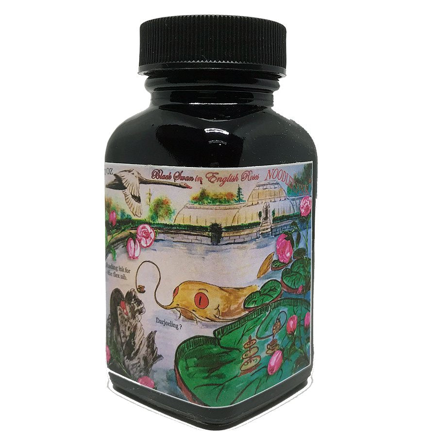 Noodler’s “Black Swan in English Roses” ink, 88ml, in a squat, black-plastic bottle featuring a swan-and-roses label.