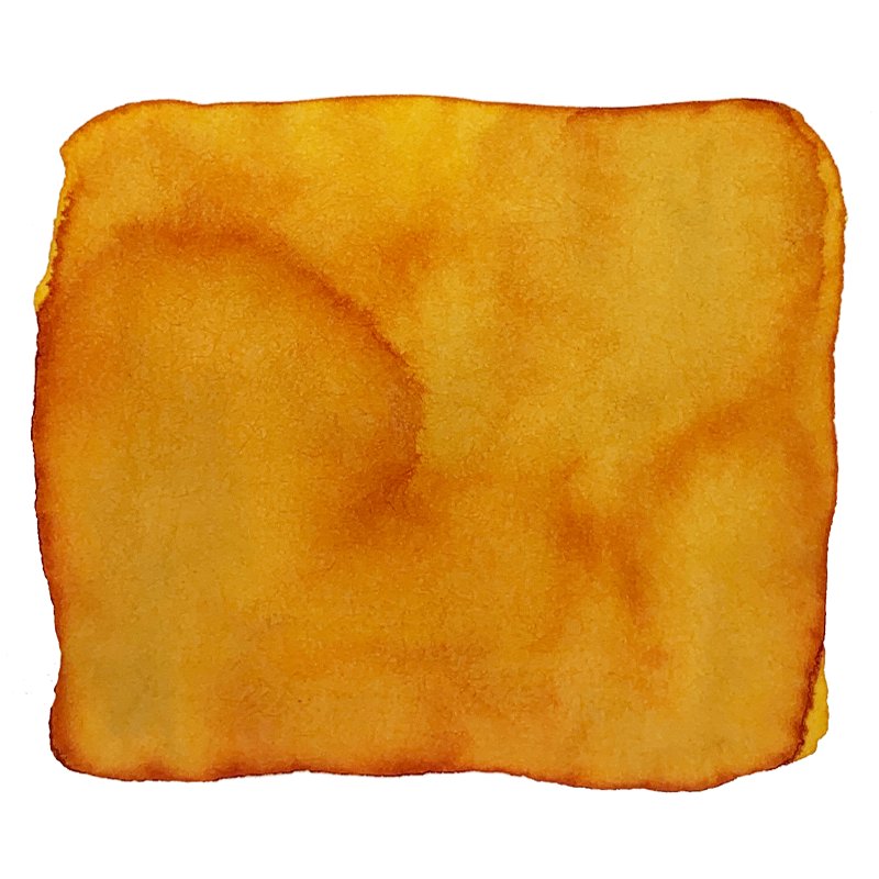 Abstract watercolor resembling Buttered Popcorn ink, 85ml bottle by Ferris Wheel Press, showcasing warm orange-yellow hues with tonal variations and soft, uneven edges.