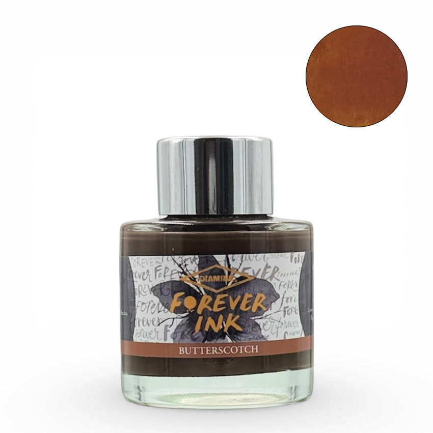 Diamine Butterscotch Forever Ink - 50ml fountain pen ink in a clear glass bottle with chrome cap, featuring a warm, brownish-orange hue swatch for reference.