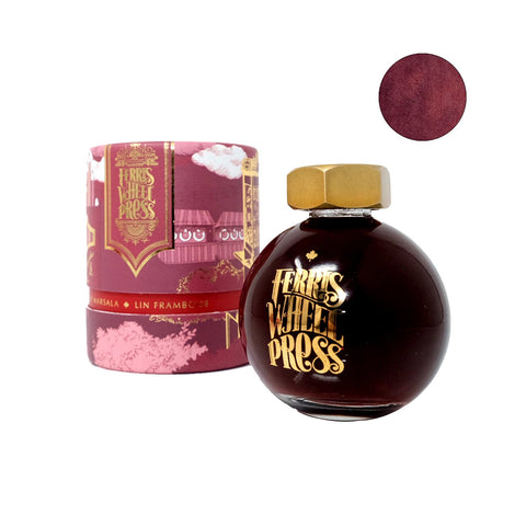Candy Marsala - 85ml bottle; globe-shaped glass with brass cap, gold logo, in a deep red illustrated box, includes ink color swatch.