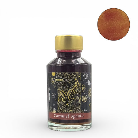 Diamine Caramel Sparkle Shimmer fountain pen ink, 50ml bottle, showcases rich caramel ink with gold shimmer. Ideal for enthusiasts using vintage pens.