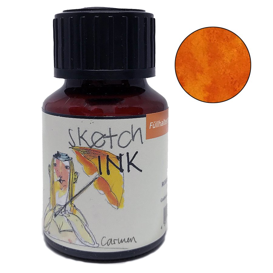 SketchINK - Carmen (50ml) features a small glass bottle of bright orange-yellow ink, labeled Sketch INK, suitable for fountain pens and painting.