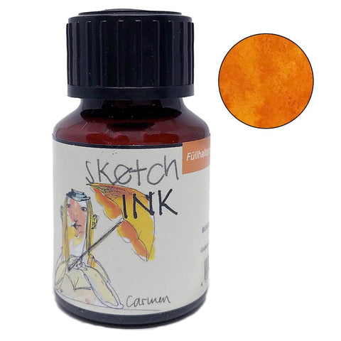 SketchINK - Carmen (50ml) features a small glass bottle of bright orange-yellow ink, labeled Sketch INK, suitable for fountain pens and painting.