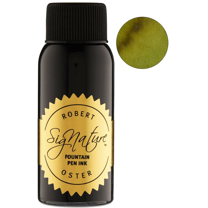 Robert Oster Chartreuse - 2ml fountain pen ink sample, featuring a labeled tube and a round swatch of vibrant green-yellow ink, ideal for testing.