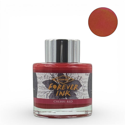 Diamine Cherry Red (Forever Ink) - 50ml fountain pen ink in a clear glass bottle with metallic silver cap, showcasing bright red pigment and a swatch on paper.