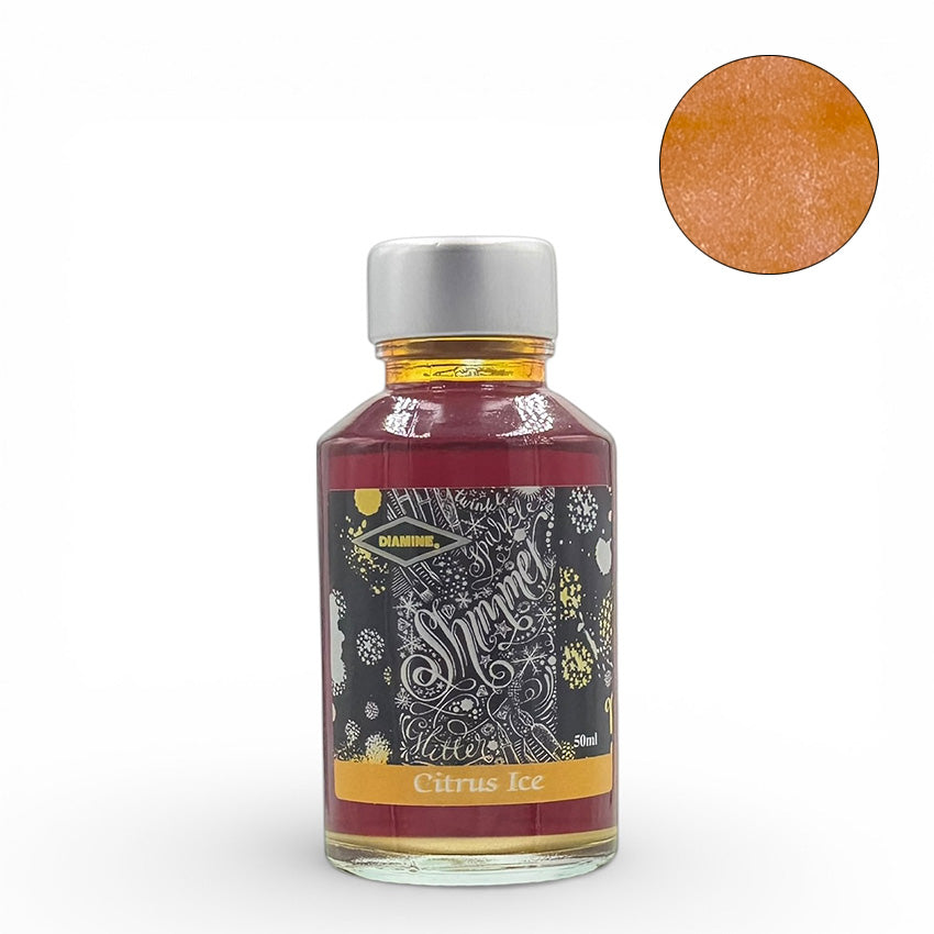 Diamine Citrus Ice (Shimmer) fountain pen ink, 50ml bottle, features a warm orangey-red hue with golden shimmer, ideal for vibrant, sparkly writing.