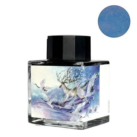 Cloud Pavilion 2ml fountain pen ink by Fanyantan, featuring a pastel-toned stag and crane scene, with an airy, muted sky-blue sample.