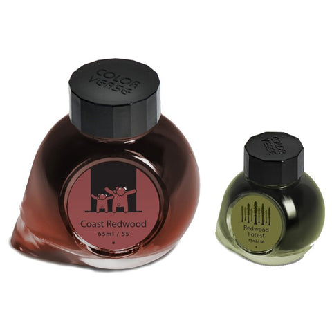 Coast Redwood & Redwood Forest - 65ml + 15ml Set features two glass bottles of Colorverse ink, highlighting the larger reddish-brown and smaller olive-green bottles.