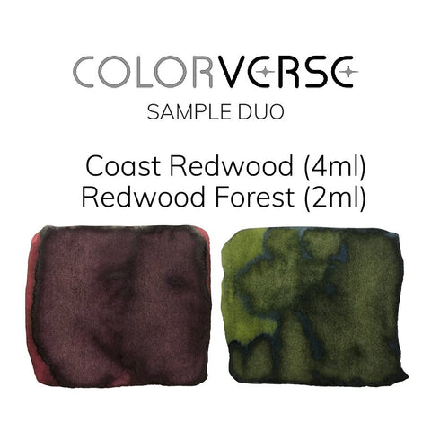 Colorverse Coast Redwood & Redwood Forest - 2ml Each Set; features deep reddish-brown and olivey green ink swatches, highlighting plant-based, dye-based ink quality.