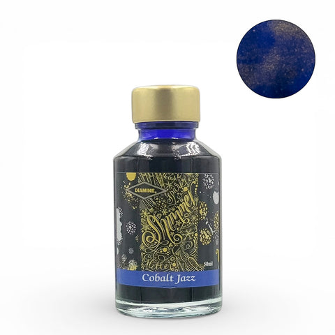 Diamine Cobalt Jazz (Shimmer) fountain pen ink, 50ml glass bottle, featuring deep cobalt-blue ink with gold shimmer particles, ideal for vintage pens.