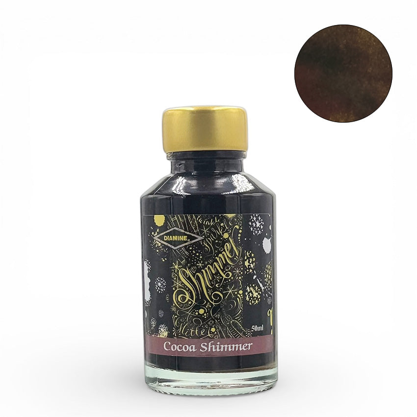 Cocoa Shimmer (Shimmer) - 50ml: Diamine's shimmering deep brown fountain pen ink with gold particles, 50ml glass bottle; acid-free and vegan-friendly, perfect for vintage pens.