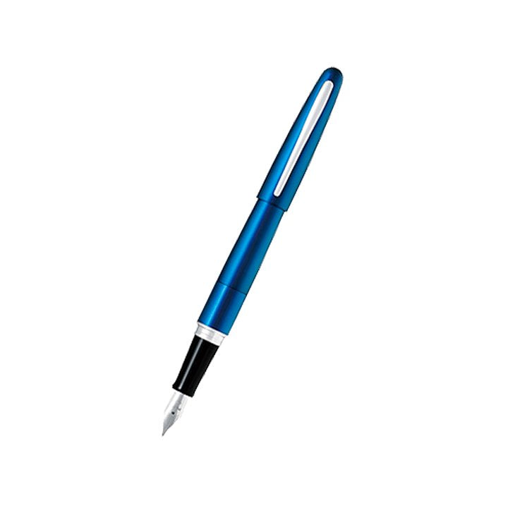 Cocoon (Blue) - Medium: Metallic blue fountain pen with black grip, silver nib, and matching blue cap with clip, offering Pilot's entry-level elegance.