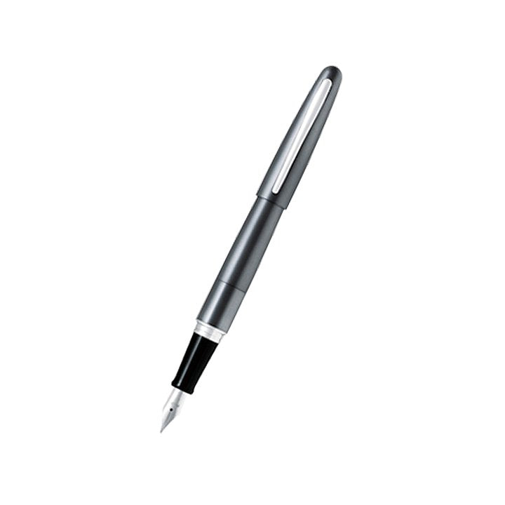 Cocoon (Metallic Grey) - Medium fountain pen with a metallic-gray barrel and cap, silver clip, black grip, and steel nib, ideal for beginners and enthusiasts.