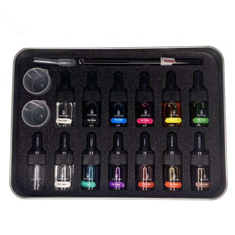 My Colour DIY Ink Kit (Four Seasons of Korea) features a metal case with 14 pigment bottles, mixing cups, and a stir tool for custom ink creation.