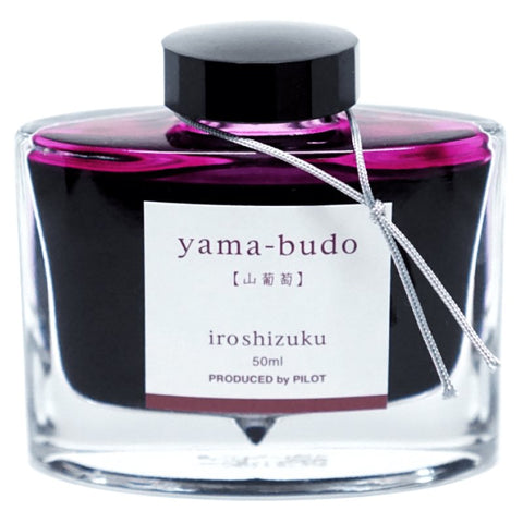 Iroshizuku Ink 50ml - Yama Budo, a 50ml bottle, showcases Pilot's deep purple fountain-pen ink with a sleek rectangular design and branded labeling.