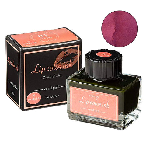 20 ml Taccia Lip Color Ink in Coral Pink, with outer carton. Includes a swatch displaying the ink's coral-pink hue when applied.