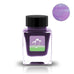 Square glass bottle of Crazy Penguin (Shimmer) - 2ml ink, with black cap, penguin label; inset shows shimmery, metallic flecks in the purple ink.