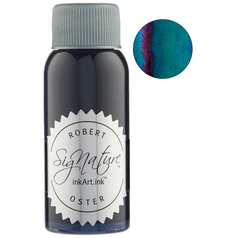 Crystal Marine (Shake 'N' Shimmy) 50ml bottle with a teal/blue ink swatch featuring a purple shimmer, highlighting its rich color and sustainable craftsmanship.