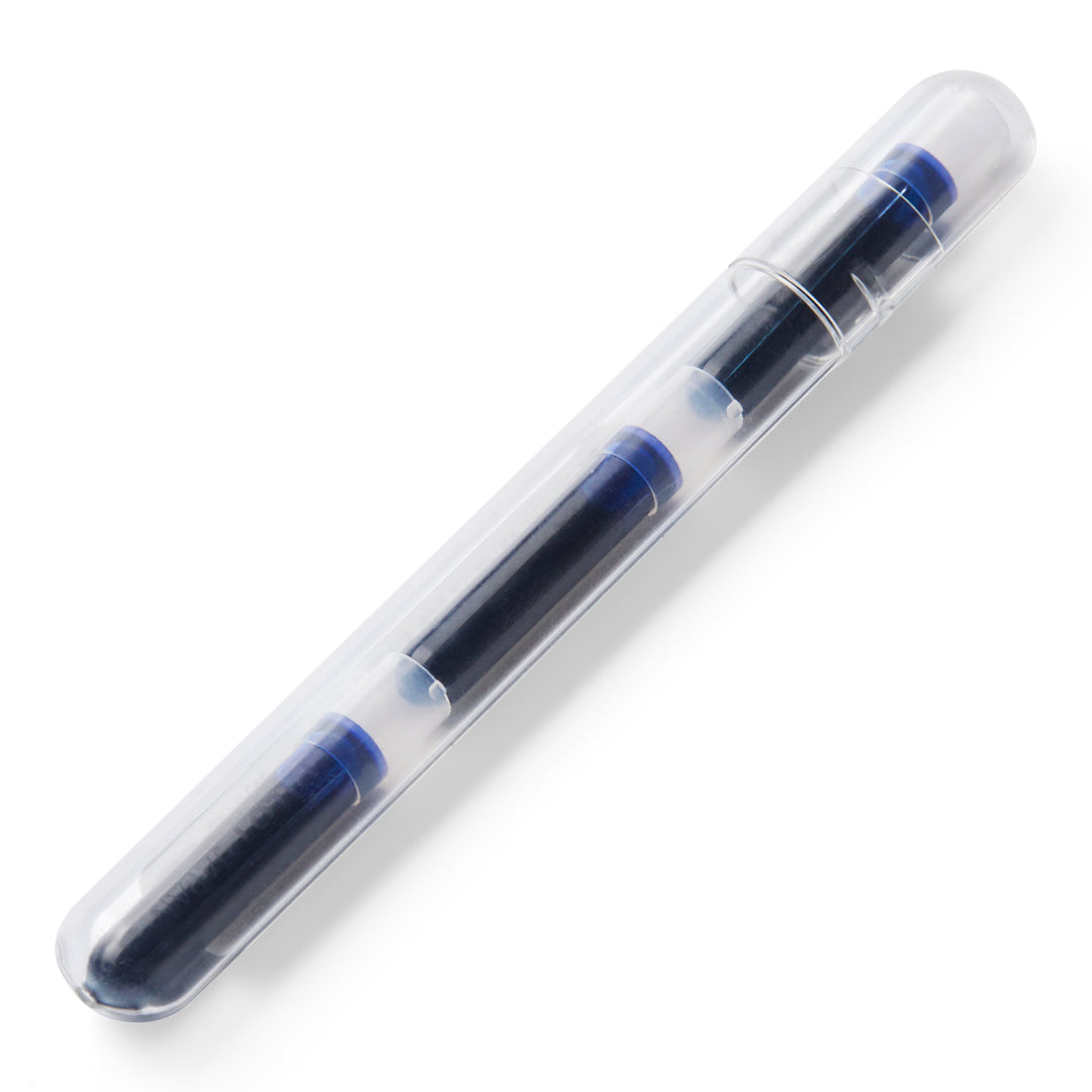 Petit Ink Cartridges - Blue: Translucent tube with snap-on cap holding two black-barreled, blue-ended fountain pen ink cartridges, part of a 3-pack refill set.