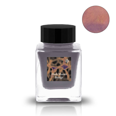 Dark Matter Bridge - 30ml ink in a square glass bottle with a black cap, featuring dusky purple-grey color and coppery-gold sheen.