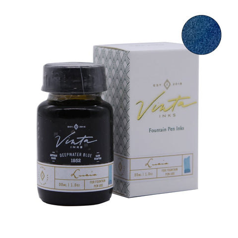 30 ml bottle of Vinta Inks’ Deepwater Blue (Lucia 1952) with decorative box, highlighting Filipino heritage and mermaid-inspired comic history.
