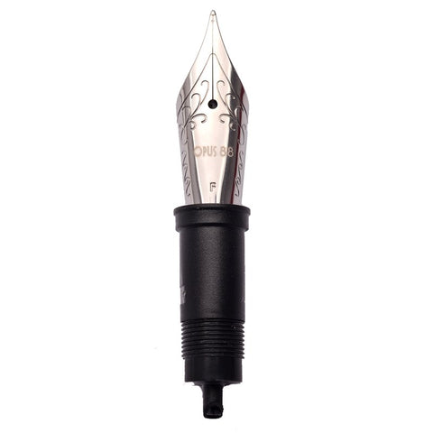 #6 Nib Set - Fine features a steel nib stamped with OPUS 88 and F, mounted in black plastic, for Opus 88 Demonstrator/Omar pens.