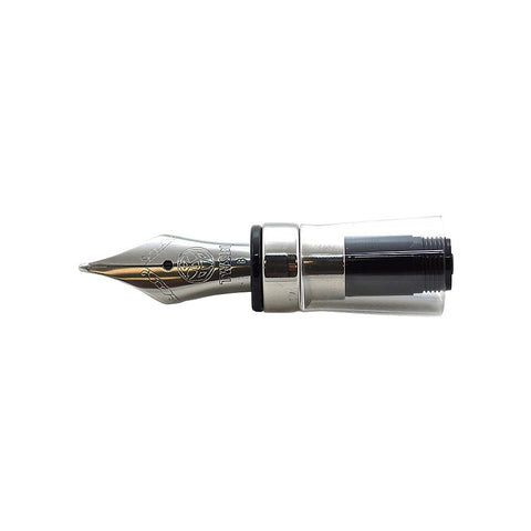 Diamond 580 Nib Set - Stub 1.5 features a polished steel nib with decorative etching, attached to its grip, alongside an ink converter assembly.