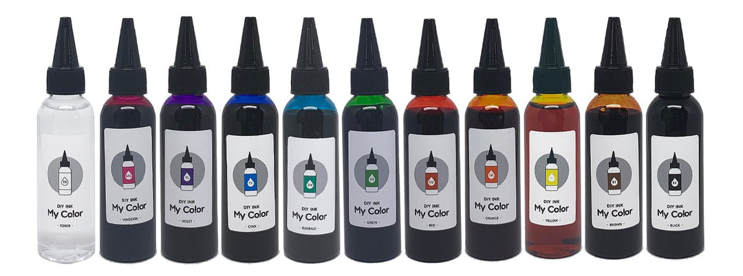 DIY Refill (Orange) - 60ml: A squeeze-bottle with a pointed tip, labeled DIY Ink – My Color, ideal for printer cartridges or crafts.