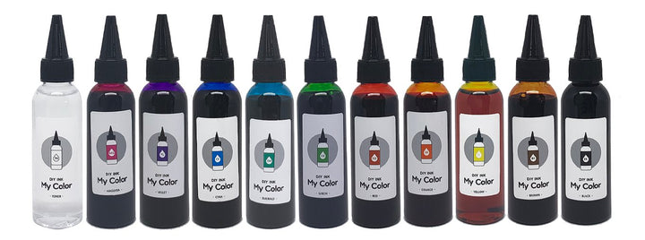 DIY Refill (Orange) - 60ml: A squeeze-bottle with a pointed tip, labeled DIY Ink – My Color, ideal for printer cartridges or crafts.