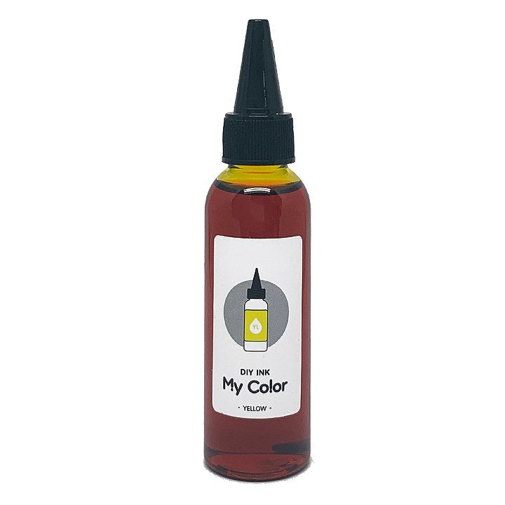 Transparent squeeze-bottle with nozzle cap labeled “DIY Refill (Yellow) - 60ml,” containing yellow ink dye by 3Oysters for crafting or printer cartridge refills.