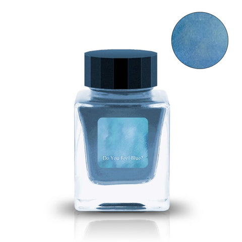 Small glass jar of Do You Feel Blue? 2ml ink sample by Tono & Lims, featuring sky-blue ink and black cap, ideal for fountain pen enthusiasts.