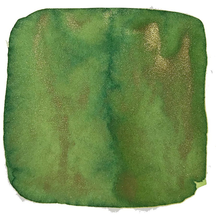 Full Set of 23 bottles featuring Ancient Song inks, with a shimmering green pigment swatch showcasing pearlescent-gold highlights, exemplifying the line's vibrant, historic-inspired colors.