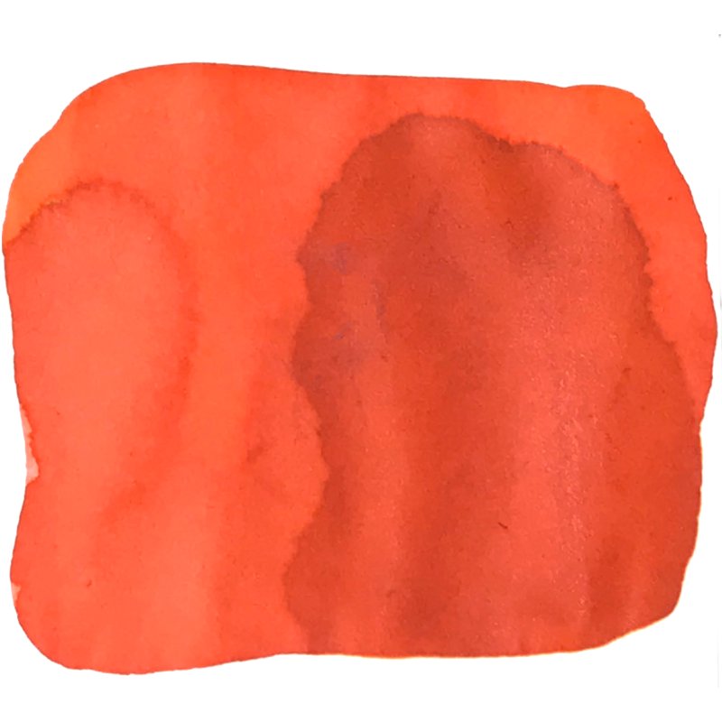 Rectangular red wash with uneven edges, representing Noodler's Ink Dragon's Fire 2ml dye-based ink, showcasing subtle tone variations for unique writing experiences.