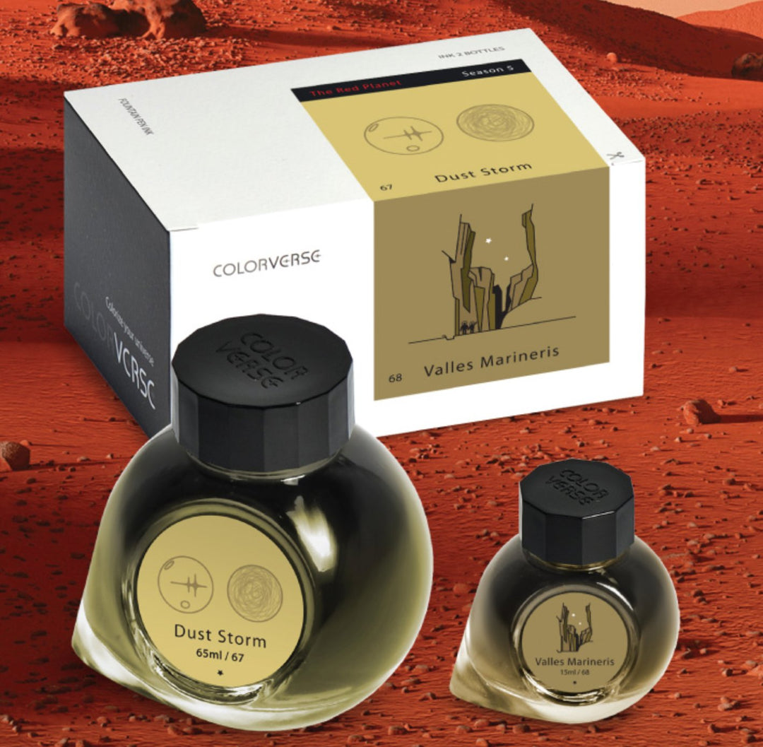 Boxed set of Colorverse inks, Dust Storm and Valles Marineris, featuring two glass bottles with minimalist icons, themed around Mars, Season 5.