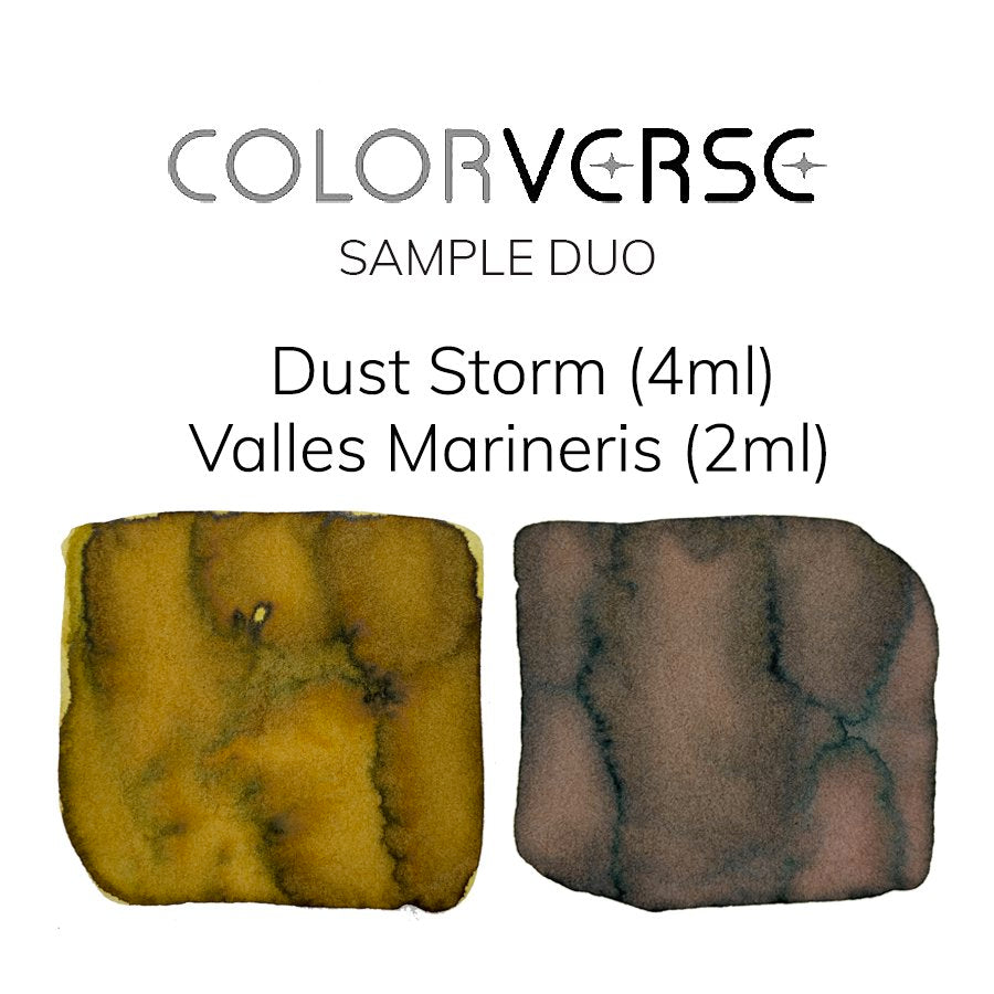 Colorverse “Sample Duo” fountain-pen ink set featuring Dust Storm (4ml) in mustard-gold and Valles Marineris (2ml) in muted brownish-gray watercolor swatches.