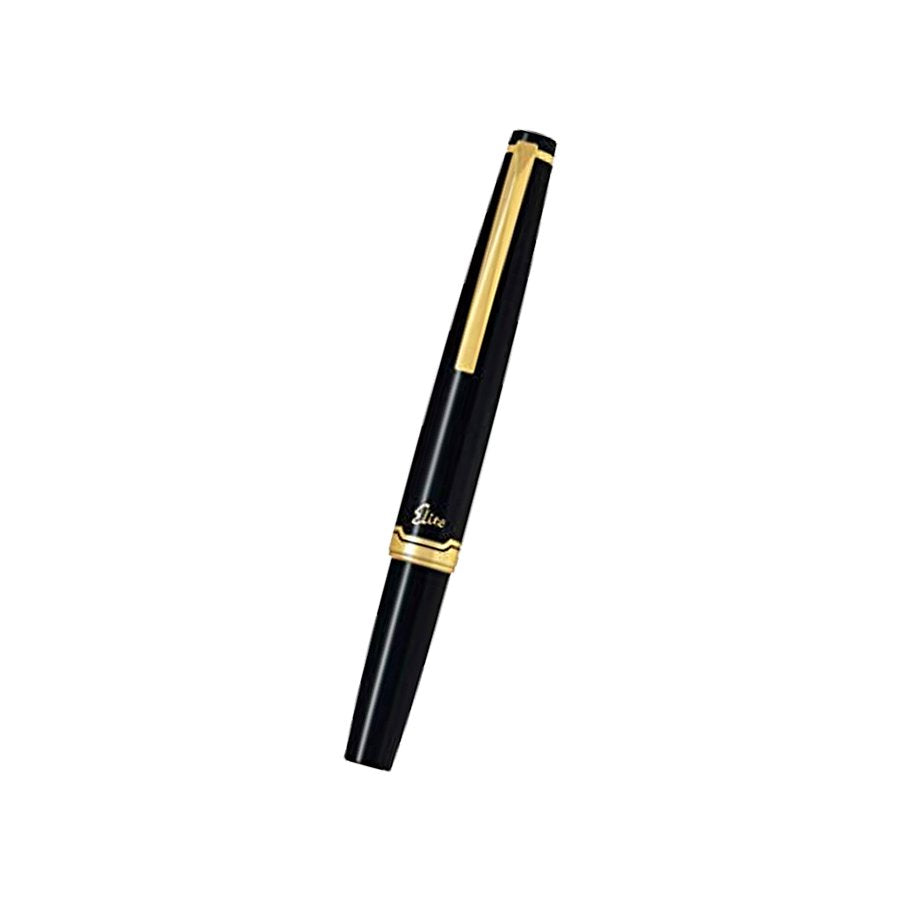 Elite 95S - Black - Medium fountain pen featuring a sleek black body with gold trim, a removable cap with a gold clip, and an inlaid 14K gold nib.