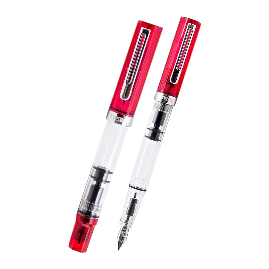 ECO (Transparent Blossom) - Fine: Two clear piston-filling fountain pens, one capped and one with nib extended, showcasing TWSBI's efficient ink mechanism and bright red caps.