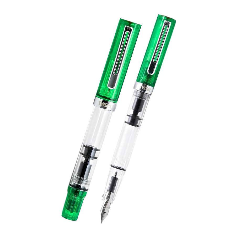 ECO (Transparent Green) - Medium fountain pen, featuring a clear barrel, bright green cap, piston-filling mechanism, and stainless-steel nib, displayed capped and uncapped.